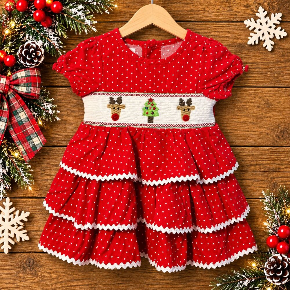 Mud Pie Baby Girl Christmas Smocked Reindeer Red Polka Dot Dress 9-12M